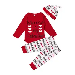 Mama is my Valentine/комплект одежды из 3 предметов для новорожденных мальчиков и девочек, комбинезон + штаны, комплект одежды, roupas infantis menina