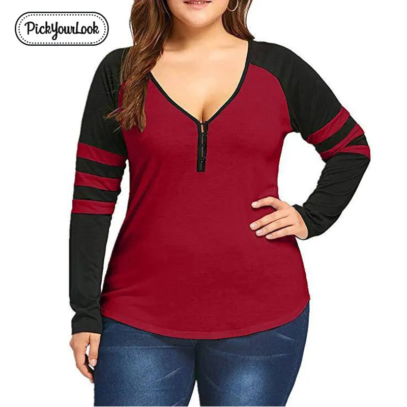 

Pickyourlook Plus Size Women Tops And Tee Shirt Long Sleeve V Neck Button Female T-Shirt Autumn Striped Large Size Women Tshirt