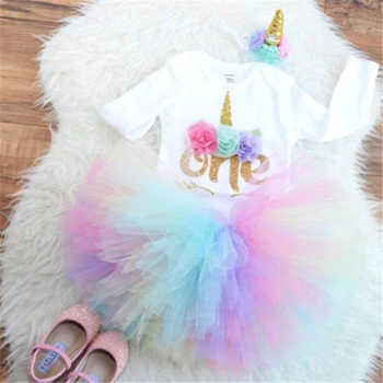 

UK 3PCS Baby Girl 1st Birthday Outfit Party Unicorn Romper Cake Smash Tutu Dress New Baby Girl Clothes Romper Unicorn Headband