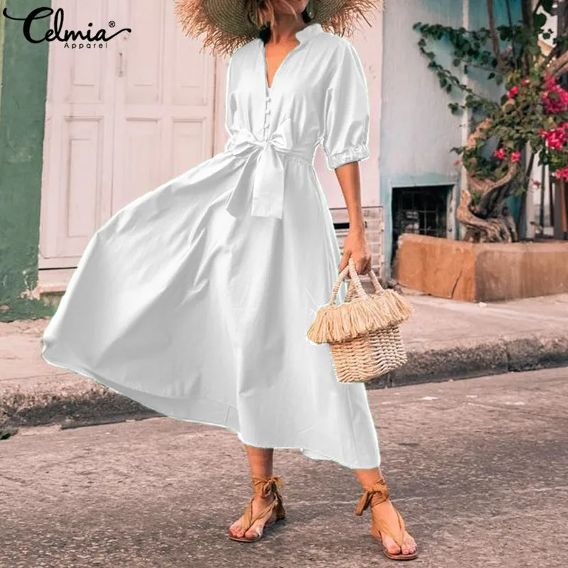 

2019 Summer Celmia Women High Waist Maxi Long Dress With Belt Female Sexy V Neck Buttons Casual Pleated Party Vestidos Plus Size