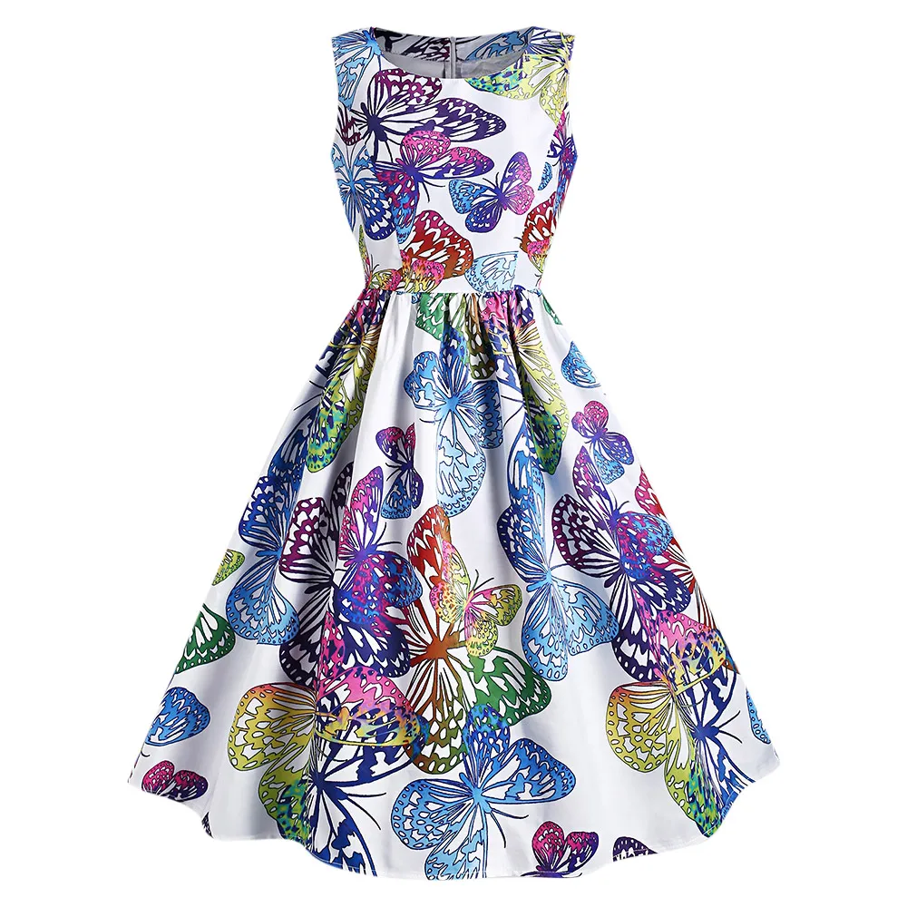 

Joineles Round Neck Sleeveless Summer Floral Women Dress Colorful Butterfly Print Vintage Dress Rockabilly Swing 60s Vestidos