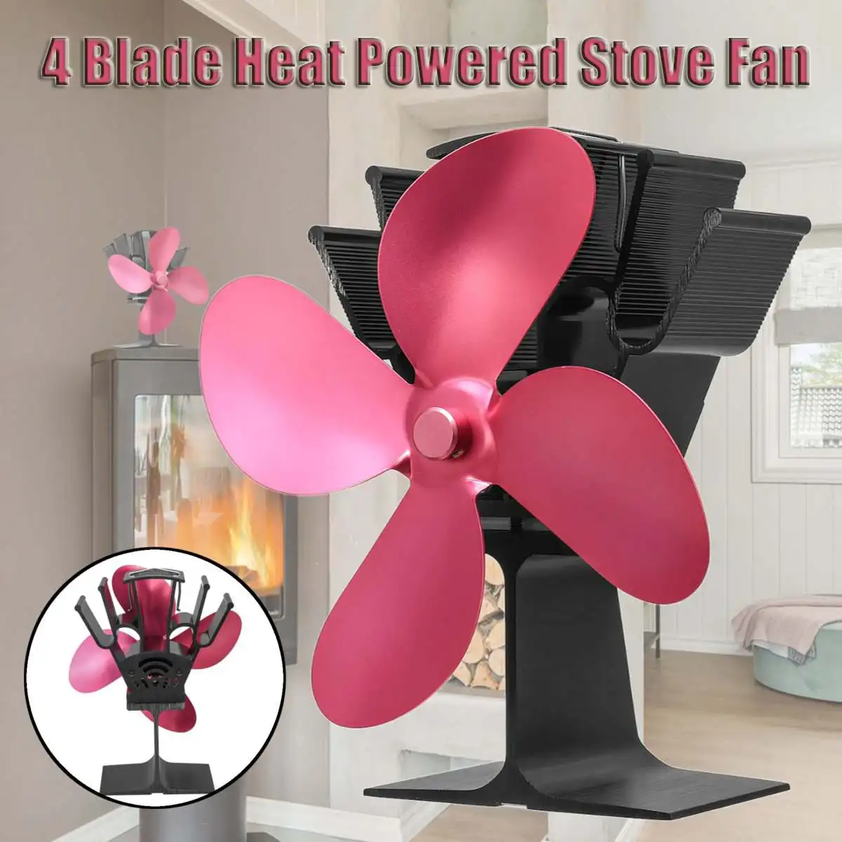 

Red 4 Blades Fireplace Heat Powered Wood Stove Fan Log Wood Burner Eco Friendly Quiet Fan Home Efficient Heat Distribution