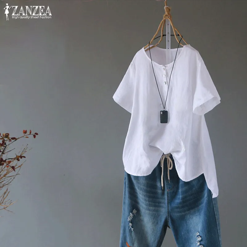 

2019 Summer Blouse ZANZEA Women Tops Blouses Shirts Casual Loose Button Down Blusas Work Office White Blusa Feminina Plus Size
