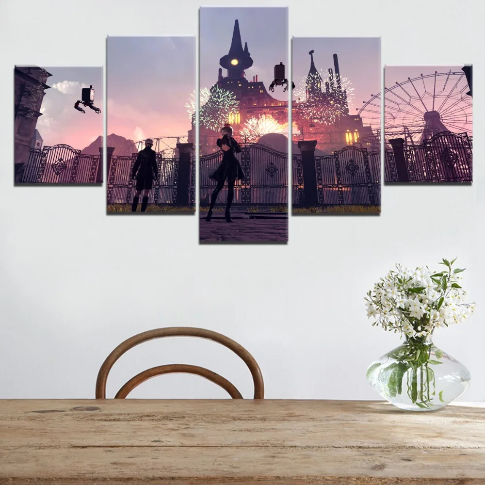 

5 Pieces Game NieR Automata YoRHa And 9S Poster HD Print Wall Art Decor Modular Picture Canvas Amusement Park Fireworks Painting