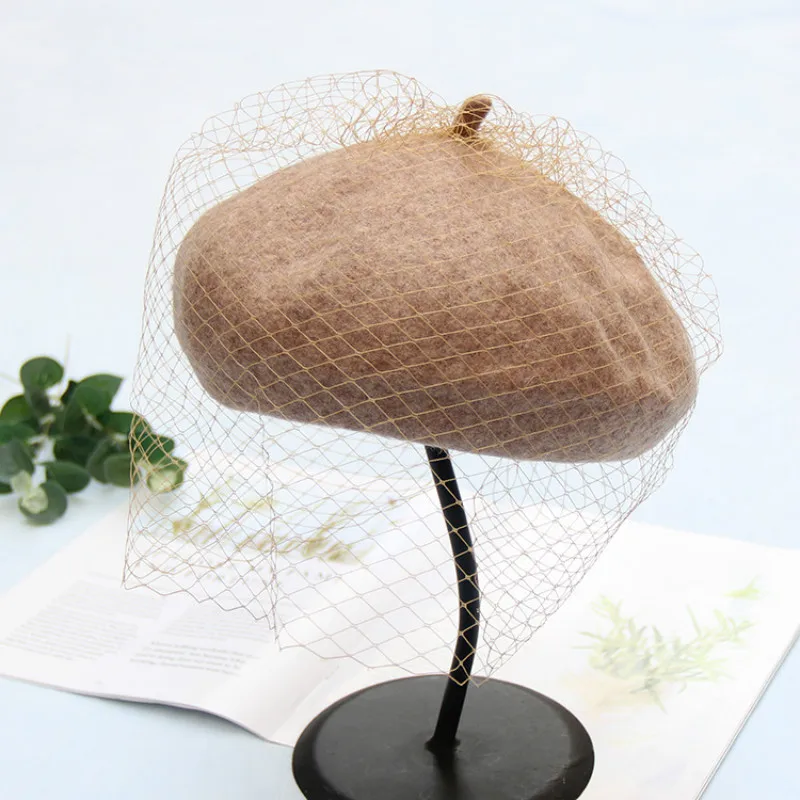 

New Beret Female French Hat Plaid Wool Beret With Veil For Wedding Party Tweed Mesh Cap
