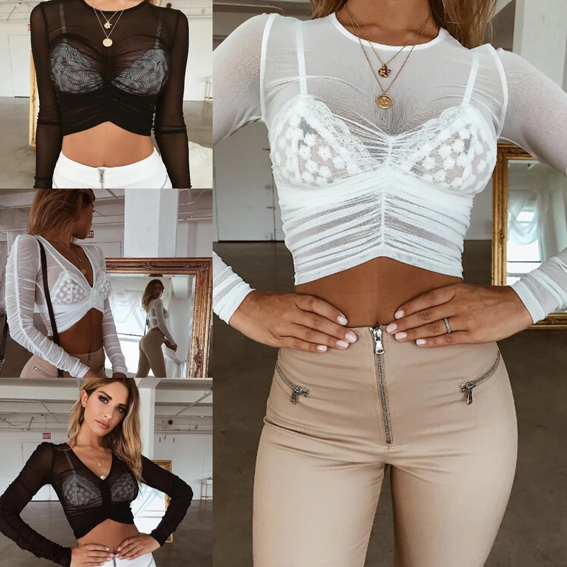 

THEFOUND Fashion Women T-Shirt Transparent Long Sleeve Slim Solid Lady Hollow Mesh Net T-Shirt Tee Tops