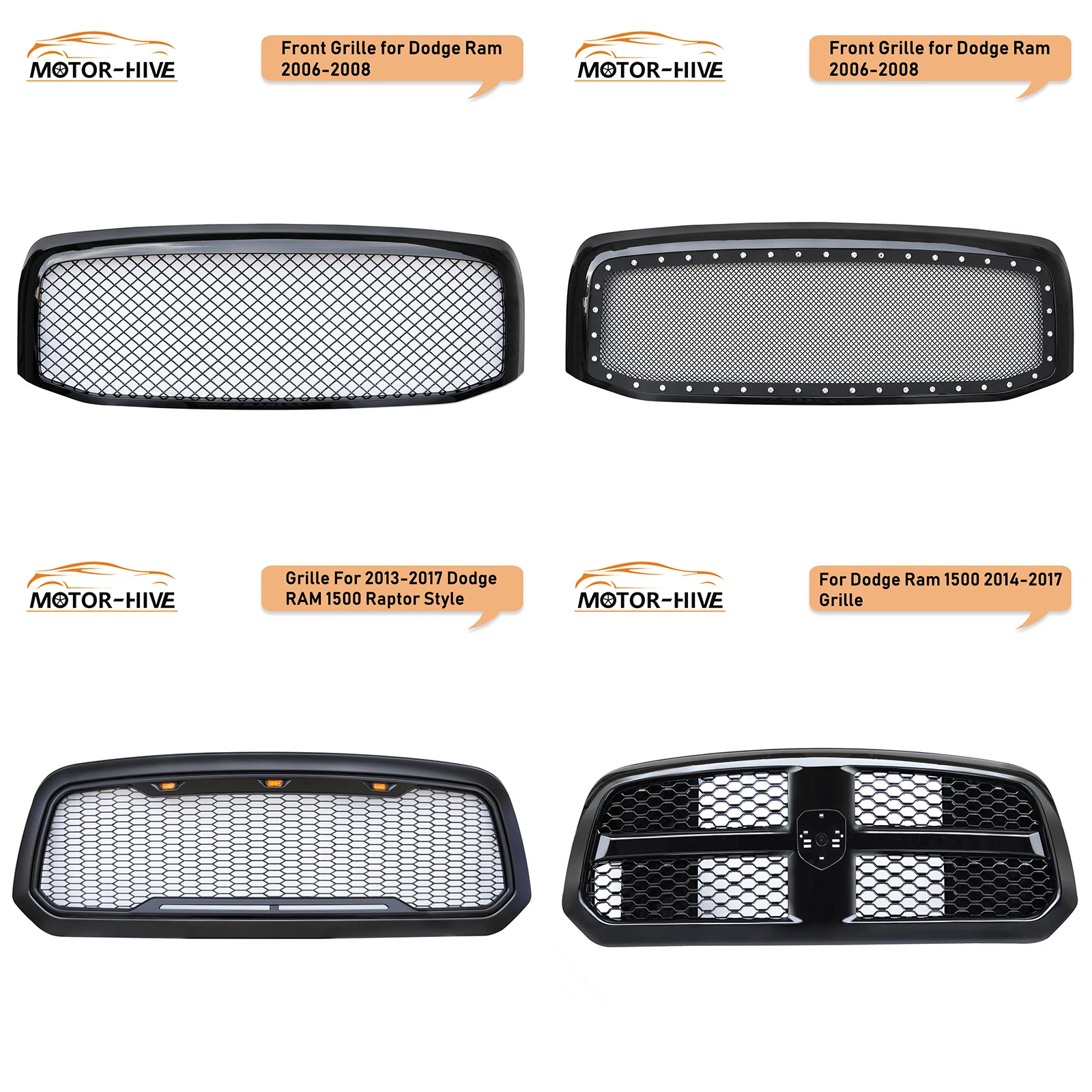 

For Dodge RAM Black Replacement Mesh Grille Raptor Style +Shell+Amber LED