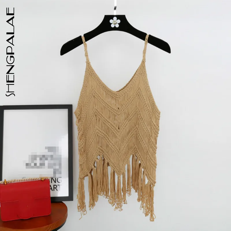 

SHENGPALAE 2019 Spring Summer Knitted Women Tank Top Sexy Spaghetti Strap Tassel Hollow Short Tops Clothes Fashion Korean New 73