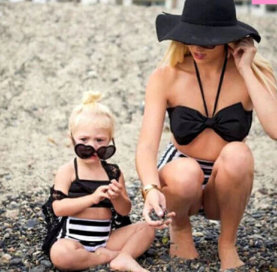 

Family Matching Women Kid Baby Girl Bowknot Bikini Set Halter Striped Swimwear Swimsuit Outfits Bathing Swimming Beachwear 2PCS