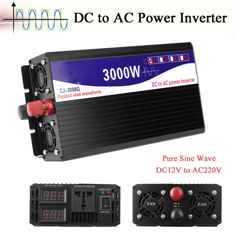 

3000W Car Vehicle Power Inverter 12V DC To 220V AC Pure Sine Wave Converter Auto Transmitter Transformer Power Supply Inverter