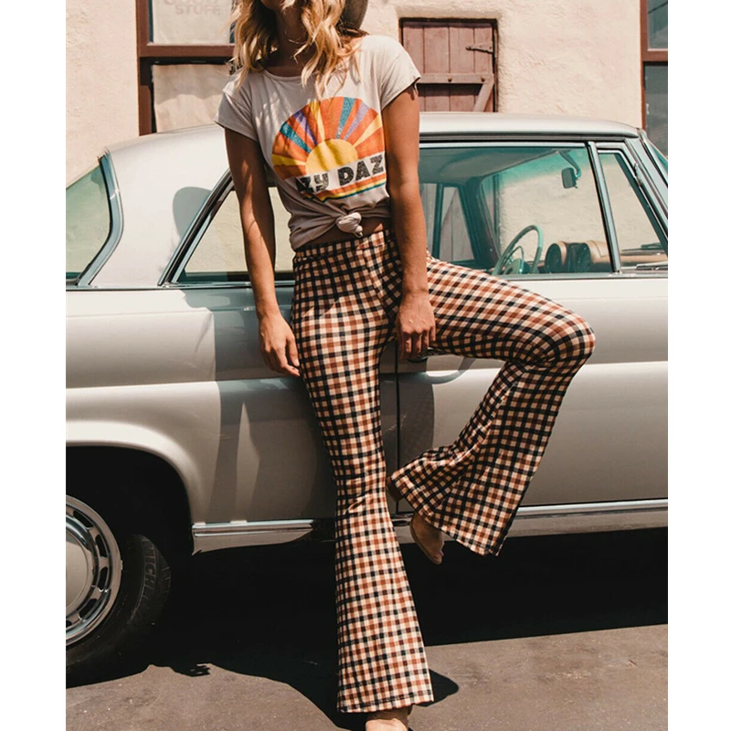 

New Women Vintage Plaid Flare Bell-Bottom Pants 2019 Summer Retro High Waist Stretchy Fit Slim Pants Lady Chic Full Trousers