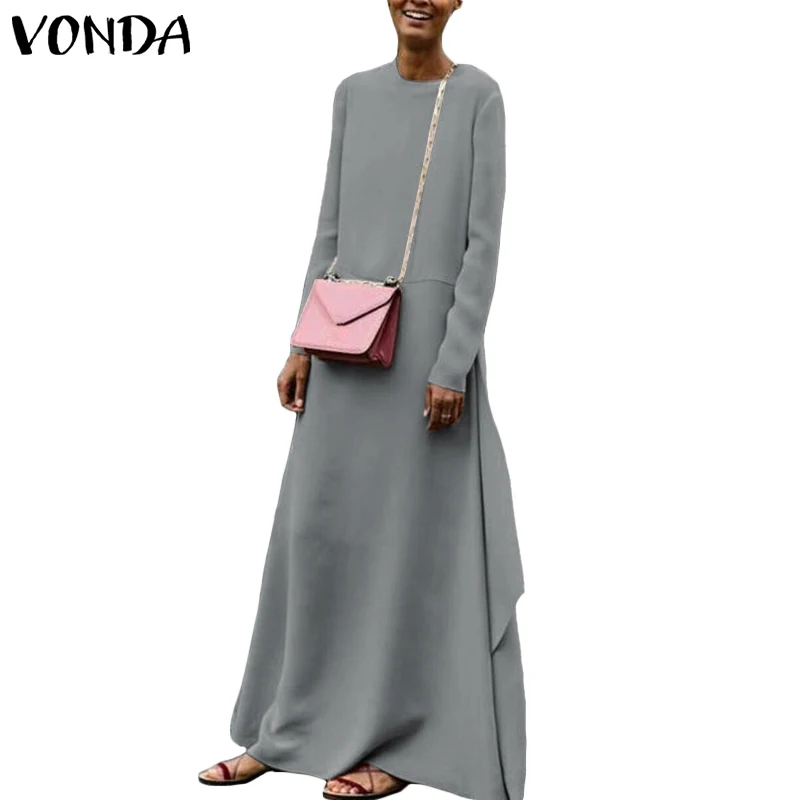 

VONDA Women Dress 2019 Spring Casual Loose Polyester Big Swing Party Long Dresses Sexy O Neck Long Sleeve Plus Size Vestido