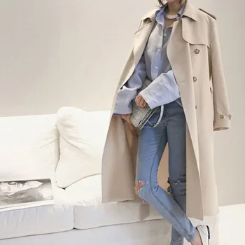 

Korean Trench Coat Lady Spring Long Windbreaker Stylish Autumn Loose Outwear Cloak Black Trench Double-breasted Slit Women Coat