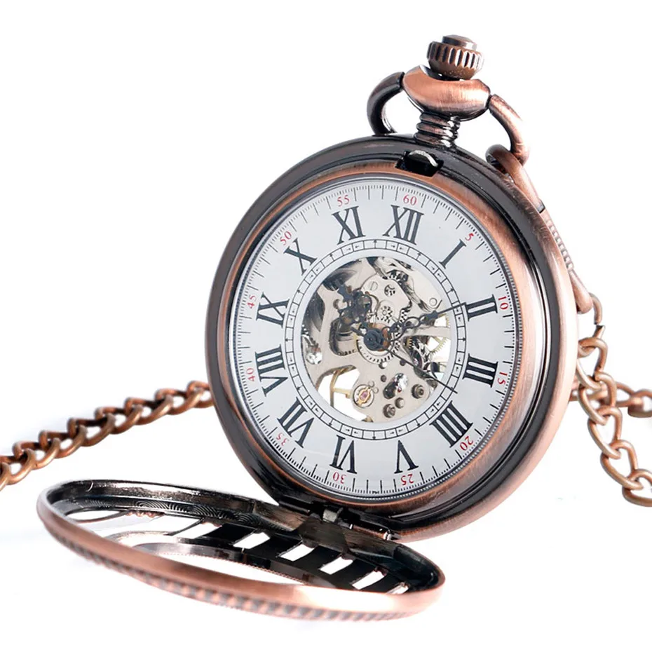 Rose Gold Hollow Half Hunter Mechanical Pocket Watch for Women Men Vintage Pocket Pendant Chain Roman Numeral Hand Winding Clock