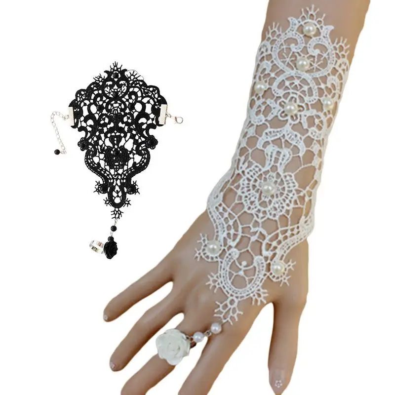 

Black And White Two-tone Pearl Women Lace Bracelet Ring Integrated Chain Europe And America Retro Wedding Accessories