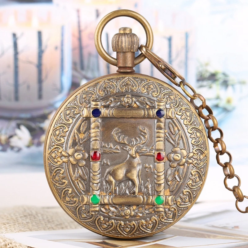 Механические карманные часы Tourbillon Phase Sun из чистой меди с изображением лося оленя