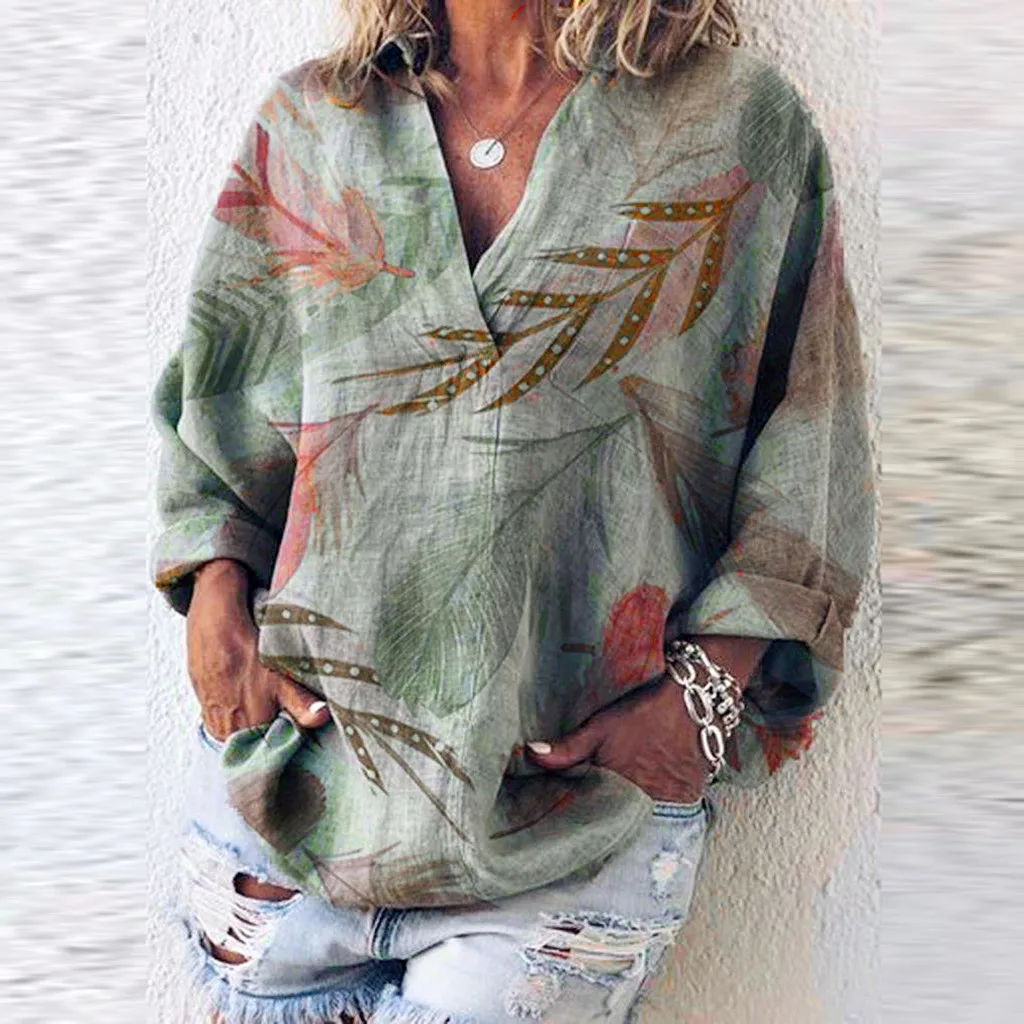 

Feitong Blouse Women Loose V Neck Leaves Print Long Sleeve Linen Shirt Top Blouse Blusas Mujer De Moda Blouse Women Dames Shirt