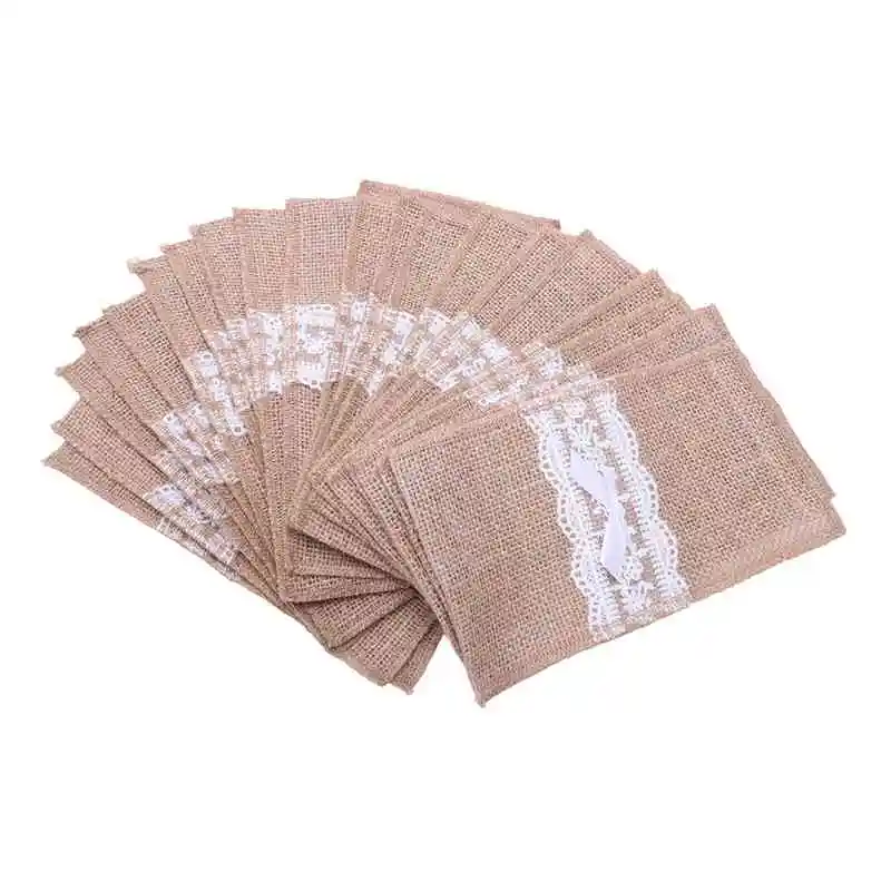 

Holder Knife Fork Spoon Cutlery Burlap Jute and Lace Storage Bag 20 Pcs