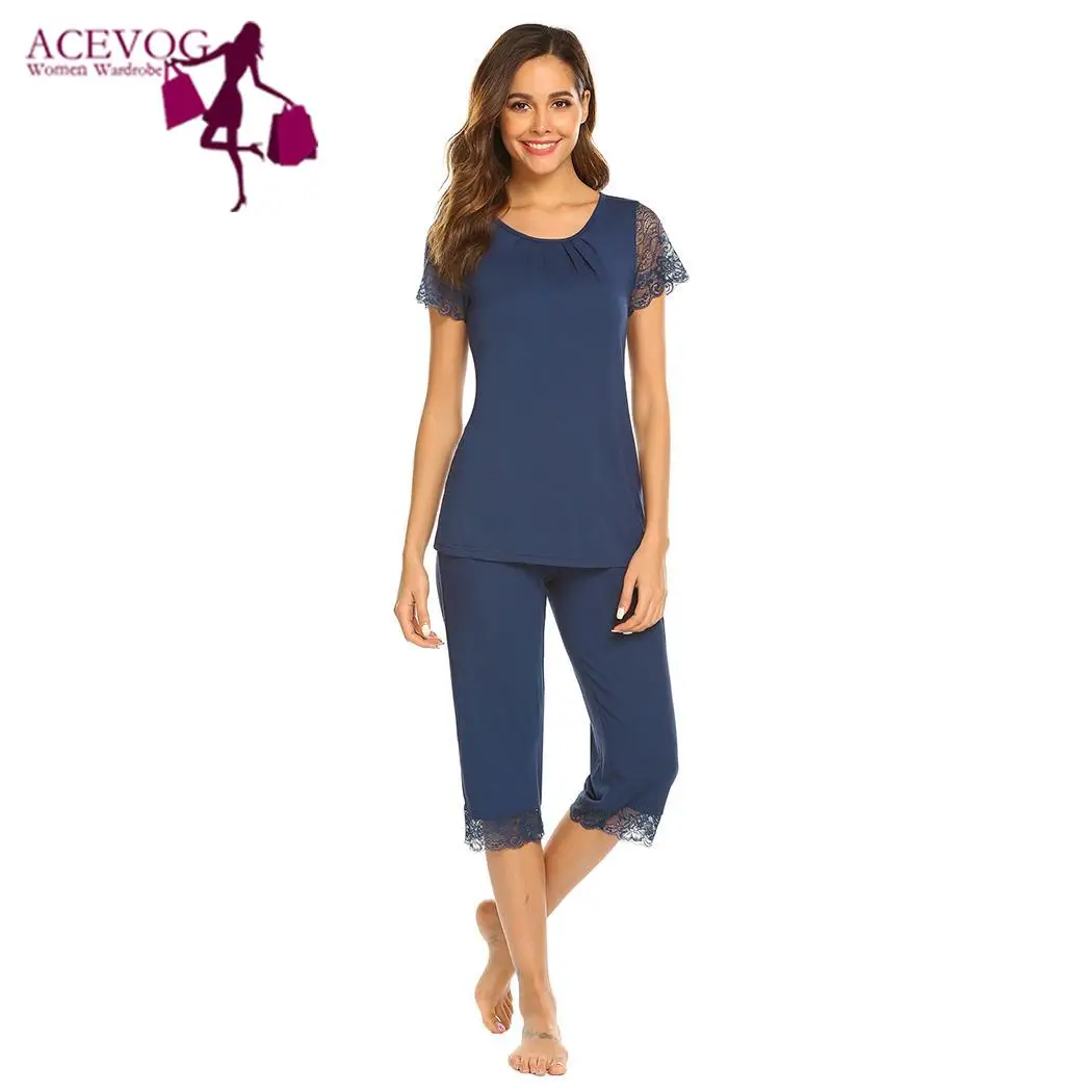 

Women Sleepwear Pajamas Set Pure Color Round Neck Short Sleeve Lace Patchwork Rayon Pyjamas Summer Lingerie Pajama