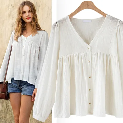 

European v-neck temperament of the spring and autumn period and the model of foreign trade hot style dress shirt cotton and line