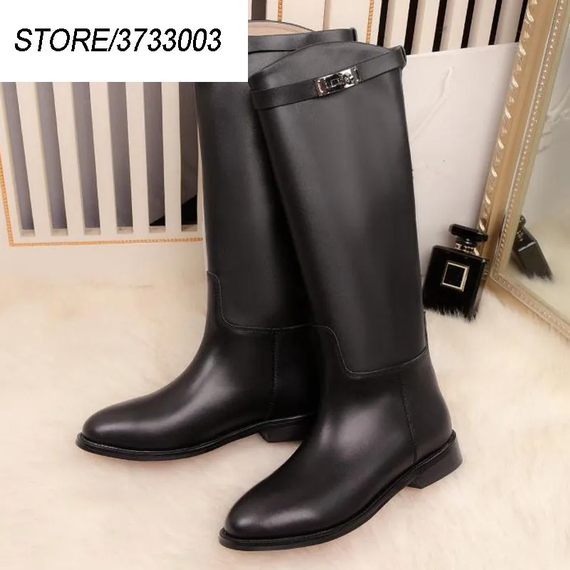 

2019 Silver Lock Buckle Thigh High Boots Women Round Toe Black Red Brown Grey Real Leather Knee High Boots Woman Long Boots