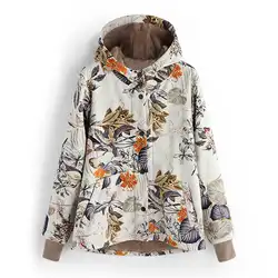 Осенние флисовые пальто для женщин; Большие размеры Outwears Винтаж с цветочным принтом куртки женские с длинными рукавами пальто с капюшоном