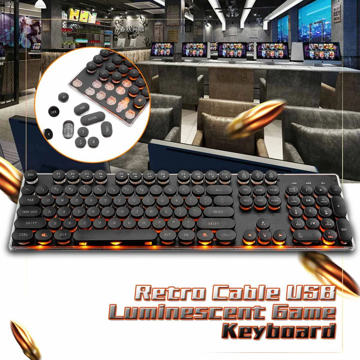 Ретро игровая клавиатура русская английская раскладка круглая клавиатура с подсветкой USB Проводная светящаяся металлическая панель с кристаллами