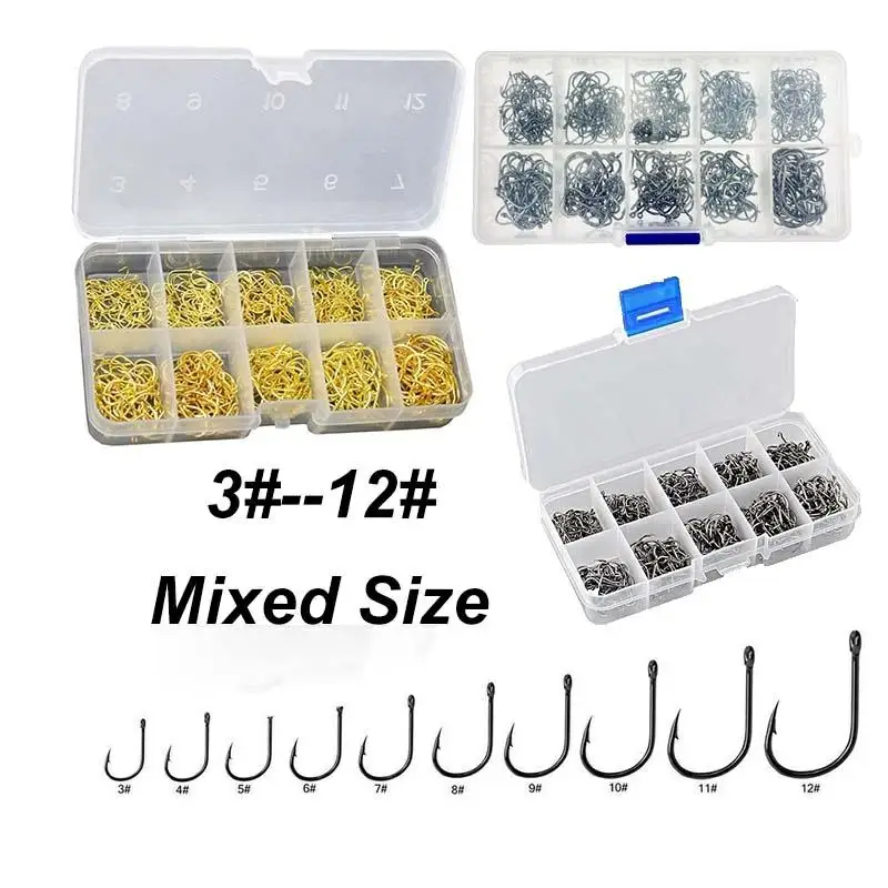100Pcs/Box High Carbon Steel Gold/Silver Carp Fishing Bait 10 Mixed Sizes 3#-12# Sharpened Ultrapoint Fishing Hook Set