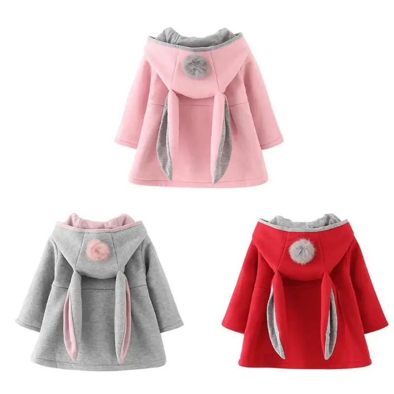 2018 осенне-зимние куртки для маленьких девочек, Повседневная Верхняя одежда с капюшоном и заячьими ушками, пальто из хлопка, однотонная