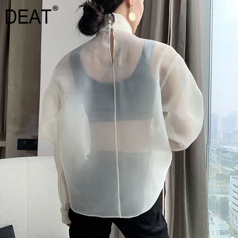 

DEAT 2019 new summer women clothes stand collar pearls beaded organza see through tank and outfits T-shirt two pieces WF20500M