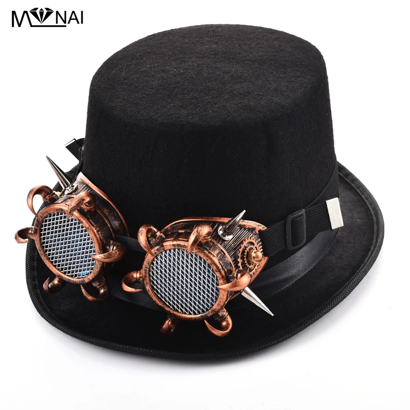 

Vintage Steampunk Gear Rivet Goggles Floral Black Top Hat Punk Style Fedora Headwear Gothic Lolita Cosplay Hat