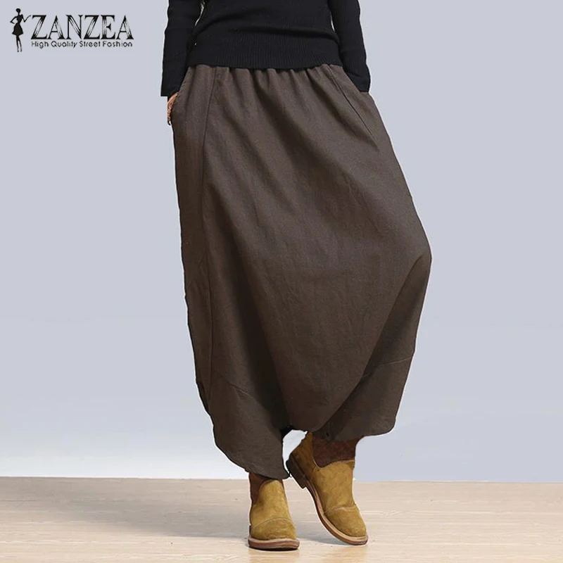 ZANZEA для женщин эластичный пояс падение шаровары с низкой слонкой брюки для девочек повседневное Твердые свободные мотобрюки женский хип