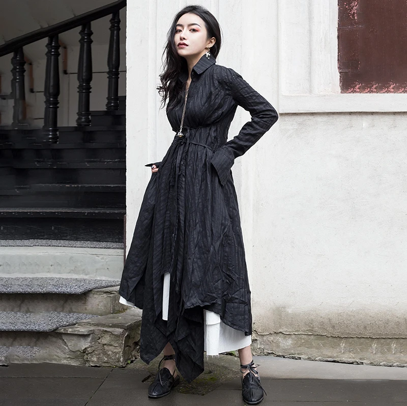 [EAM] Новинка, осенне-зимнее черное платье-рубашка с отворотом и длинным рукавом, с неровным подолом, женская мода, JR388