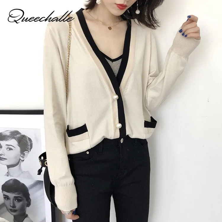 

2019 Spring Autumn Knitted Cardigan Women's V neck Stripe Patchwork Loose Casual Sweater Coat Female Tops Beige Navy Outerwear