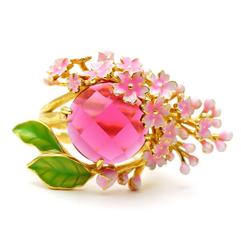

2019 Pink Purple Enamel Flower Ring for Women Green Leaf Gold Color Big Round Zircon Rings Female Ring Engagement Jewelry DDR093