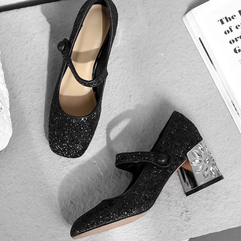 

2019 New Bling Bling Decoration Woman Shoes in Spring Summer Mary Janes Round toe High Square Heel Patchwork Shoes