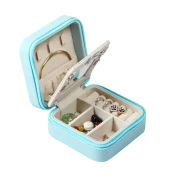 

Portable Small Jewelry Storage Box PU Leather Jewel Case Jewellery Organizer for Rings Earrings Necklace (with Mirror, Blue)