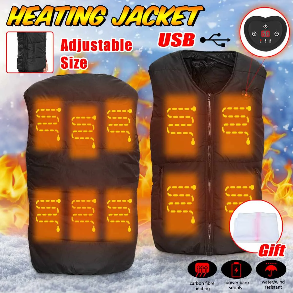 

3 Mode Men Women 10 Heating Pads USB Heated Vest Wind Resistant Jacket Winter Electric Thermal Clothing Waistcoat+laundry bag