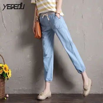 

#3075 Summer 2019 Plus Size Feminino Harem Jeans Women Loose Thin Elastic Waist Korean Fashion Blue Soft Denim Jeans Femme 26-40
