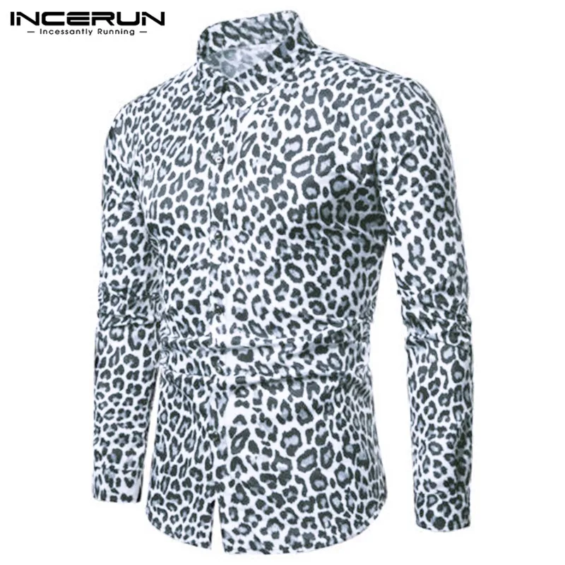 INCERUN, уличная Мужская рубашка с леопардовым принтом, с длинным рукавом, облегающая, модная, мужские топы, для ночного клуба, вечерние, мужская рубашка, Camisa, S-5XL
