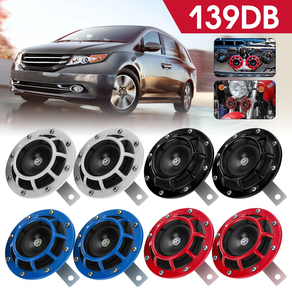 Goede Universele 2 stuks 139Db Rood Zwart Zilver Blauw Hoorn Compact Super Tone Loud Blast 12V Voor Motorfiets Auto