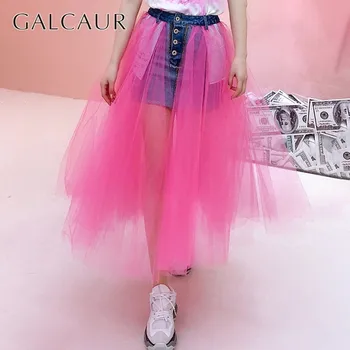 

GALCAUR Mesh Patchwork Women For Skirt High Waist Denim Pary Midi Skirts Female Fashion Streetwear Korean 2020 Spring New