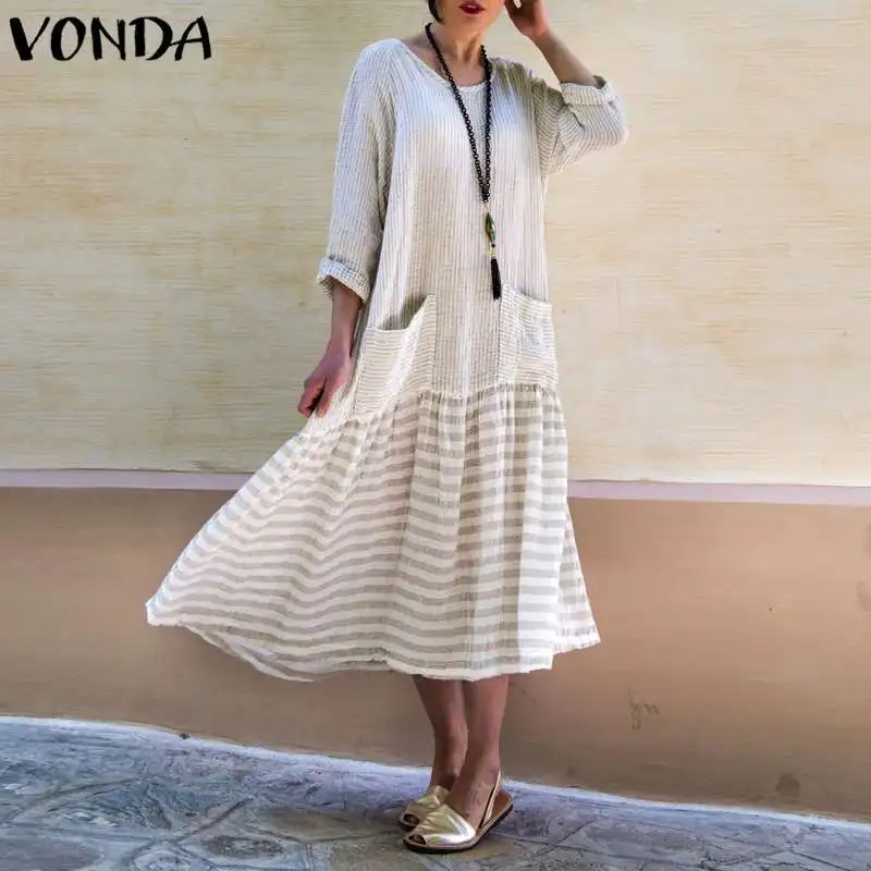

VONDA Dress For Women 2019 Vintage Bohemian Long Dress Casual Long Sleeve Stripe Patchwork Loose Party Vestidos Plus Size