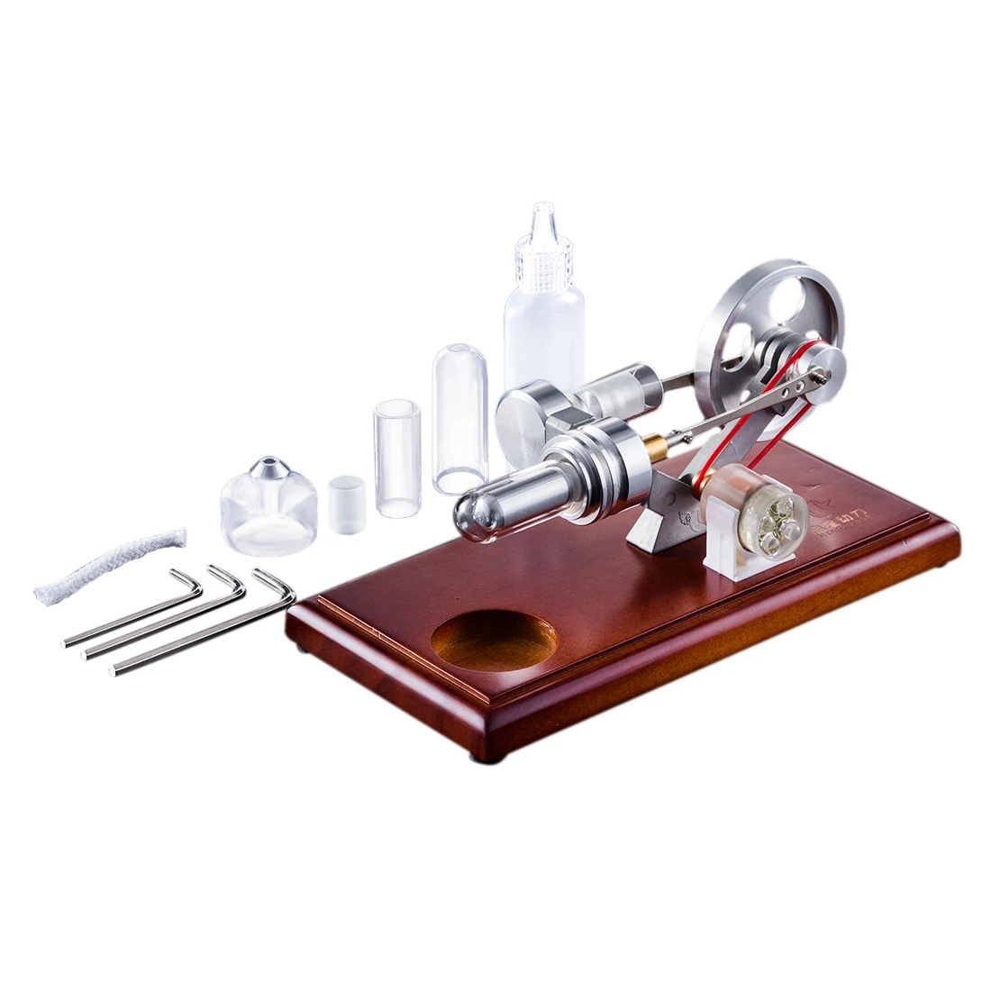 

Children Educational Toy DIY Stirling Engine with 4Pcs LED Light Brown Solid Wood Baseplate Stem Steam Science Model Set for Kid