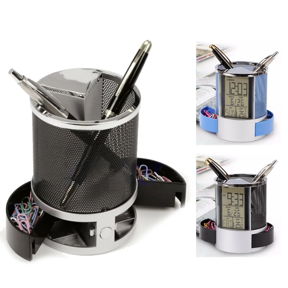 

Creative Multi-function Desk Alarm Clock Calendar Metal Pen Holder Office home school Supply Multifunctional calendar pen holder