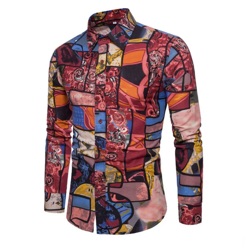 

2019 new Fashion Spring Autumn Casual men flower shirt Print Linen Shirt Long-sleeved Shirts Male Floral Social Masculi