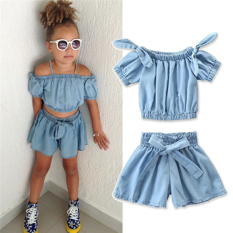 Fashion Summer Kids Baby Girl Denim Sets Off Shoulder Strap Crop Tops