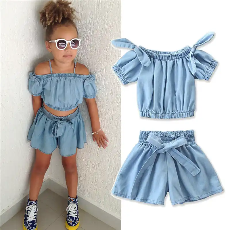 Baby Girls Outfits 2Pcs Sets Plain Top Printed Strap Shorts Ruffle Sleeves Shirt