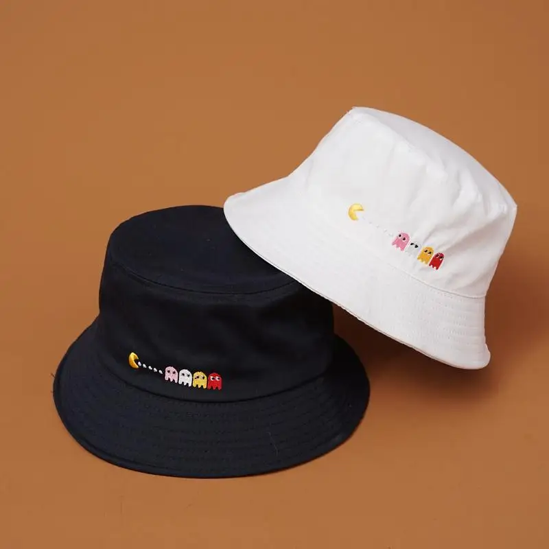 

PIXELS Movie Pacman Ghost Bucket Hats Outdoor Embroidered Cap Summer Travel Sun Hat