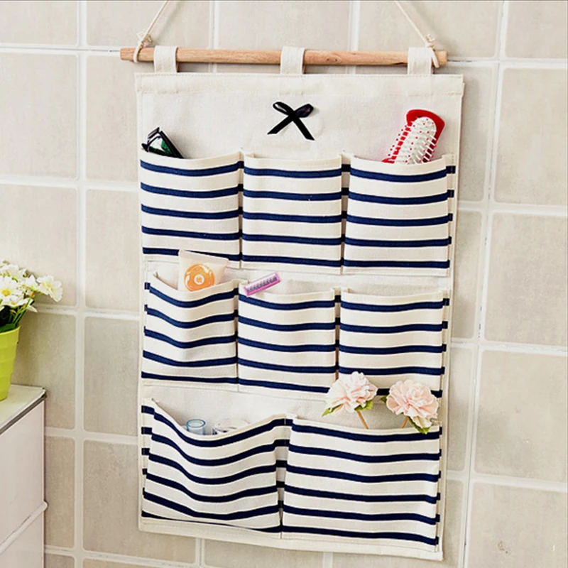 

8 Pockets Stripe bowknot Wall Hanging Storage Bag 1PC Cotton Linen Behind Doors Clothing Hanging Bags Storage Bag Home Decor